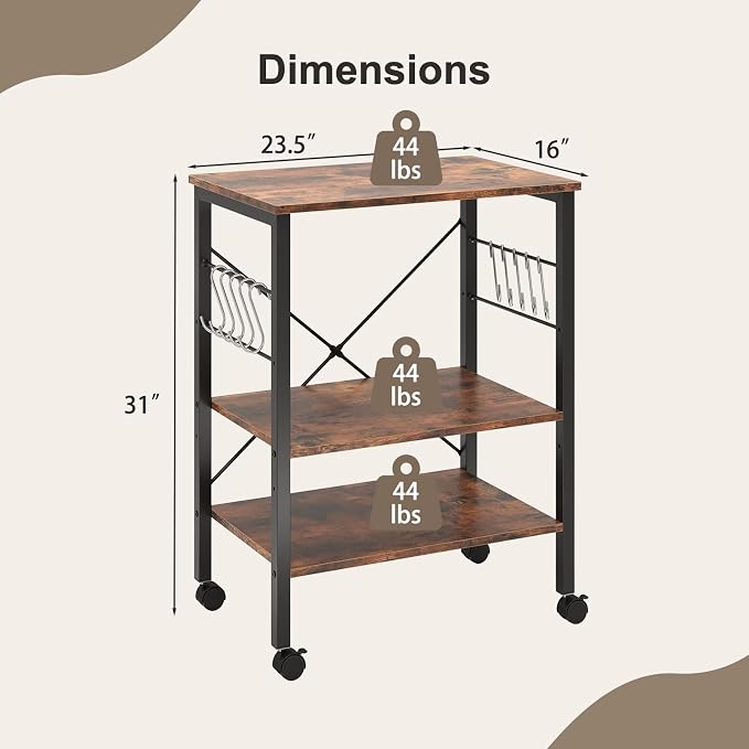 Giantex Kitchen Bakers Rack 3-Tier Microwave Cart on Wheels, Industrial Utility - Image 5