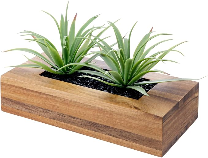 MyGift 10 Inch Artificial Green Grass Plants in Deluxe Acacia Solid Wood by MyGiftHome