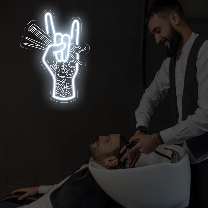 Stylish Hand Holding Scissors and Comb Peace Neon Sign, Hair studio Led - Image 6