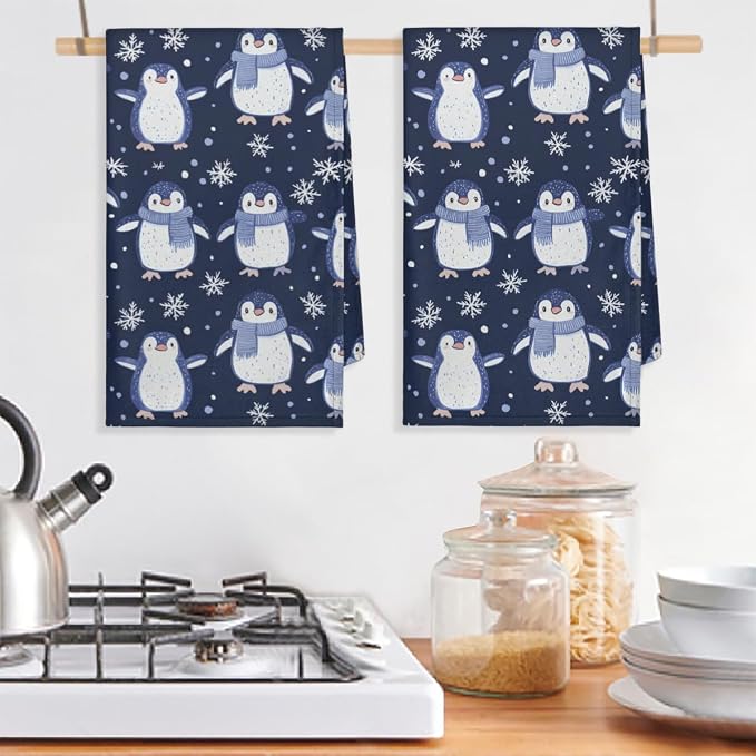 Winter Penguins Kitchen Towels Set of 2 Xmas Snowflakes Dish Towels Bar - Image 5