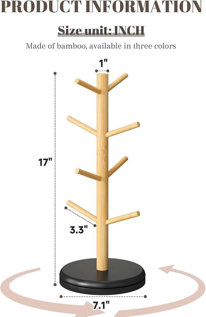 STDDRE Mug Holder Tree 360° Rotated Mug Tree Coffee Cup Holder Bamboo Rack - Image 7