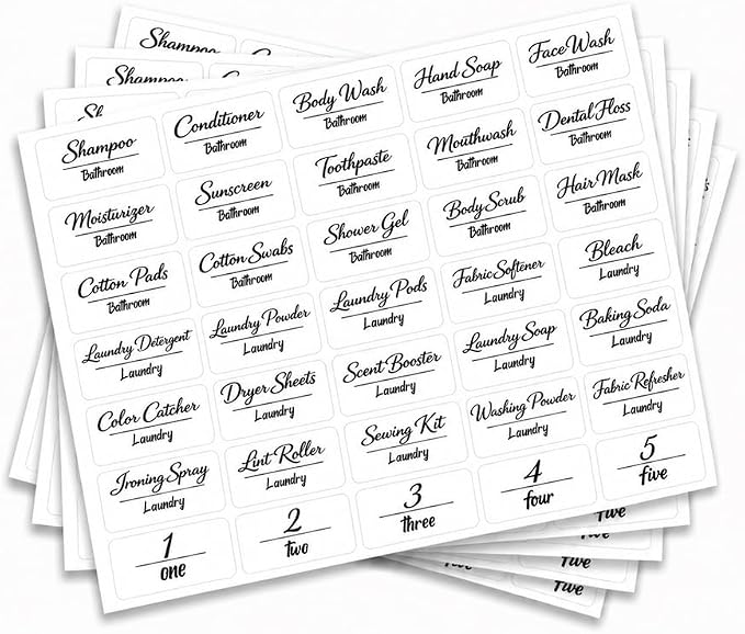 175 Pcs Bathroom Laundry Care Labels, 35 Designs Clear Script Storage ID by GOMAKERER
