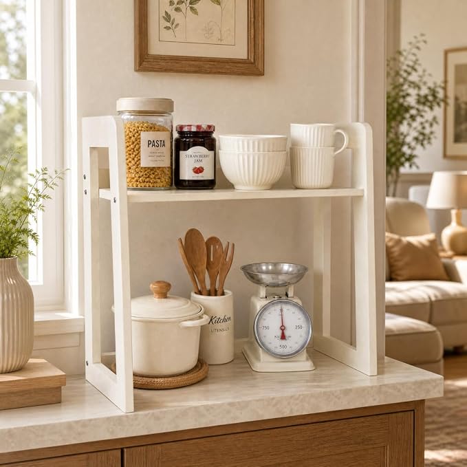 Natural Bamboo Coffee Station Organizer, 2-Tier Wooden Kitchen Counter Shelf - Image 8