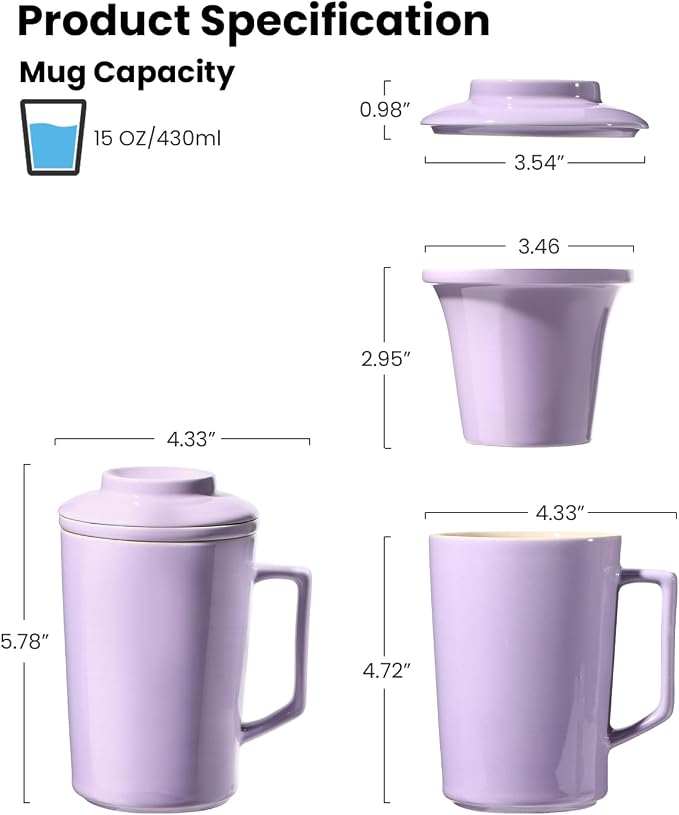 15 OZ Ceramic Tea Cup with Infuser and Lid, Tea Mug with All-Porcelain Strainer - Image 3