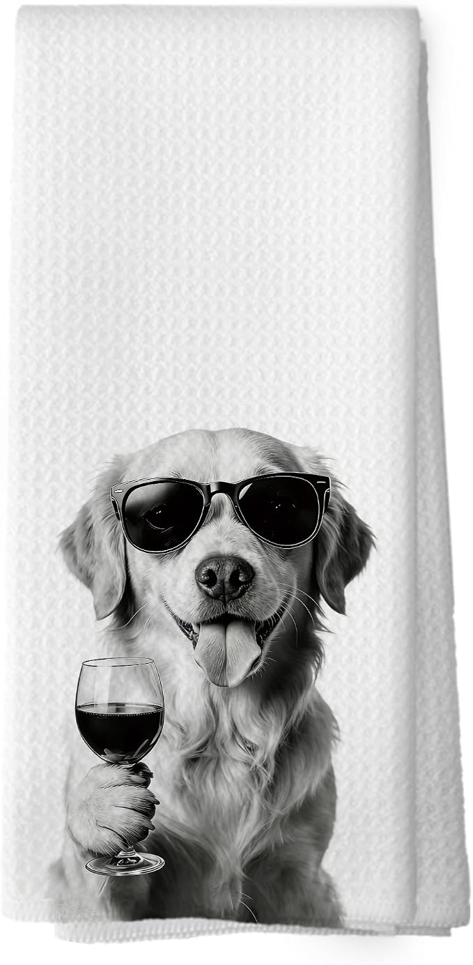 Funny Golden Retriever Wine Bar Kitchen Dish Towels, Dog Doxie Gifts by XPH