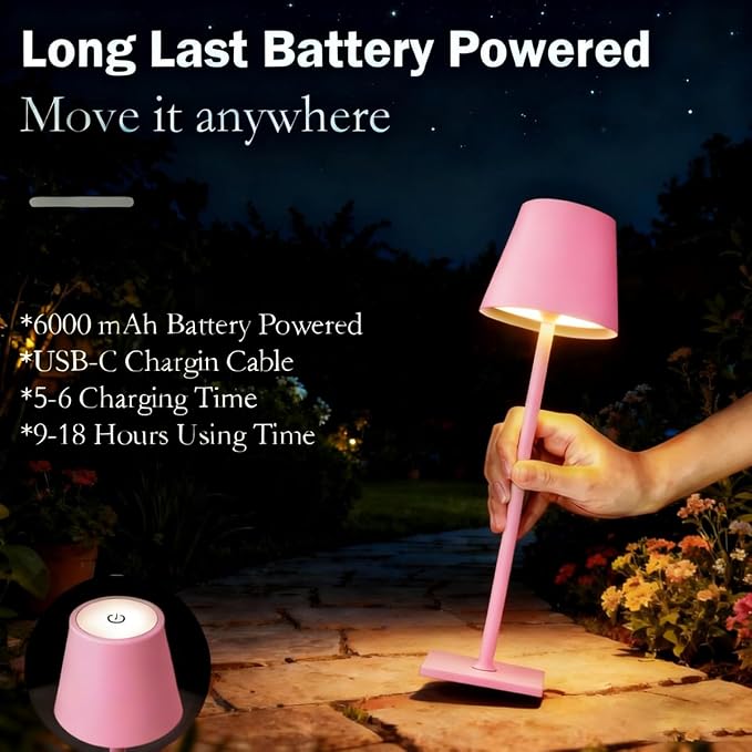 Pink Rechargeable Table Lamp Set of 2, Cute Small Pink lamp - Image 4