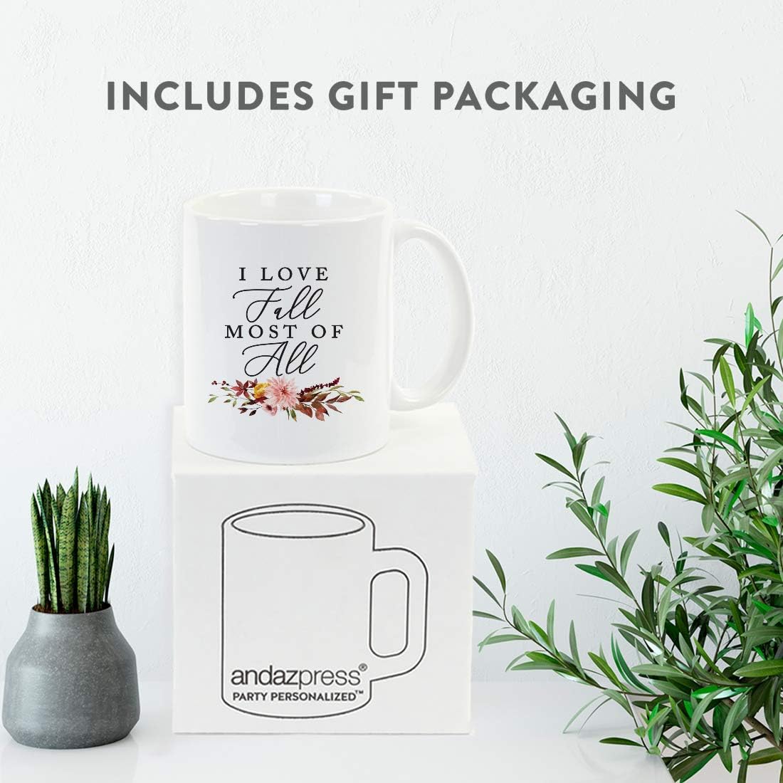 Andaz Press Fall Burgundy Marsala 11oz. Ceramic Coffee Tea Mug, I Love Fall Most Of All, 1-Pack, Floral Leaves Graphic, Friend, Family, Coworker, Autumn Season, Thanksgiving Ideas