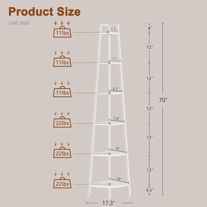 Hoctieon Corner Shelf, 6-Tier Corner Bookshelf, Rustic Ladder Shelf, Industrial - Image 2