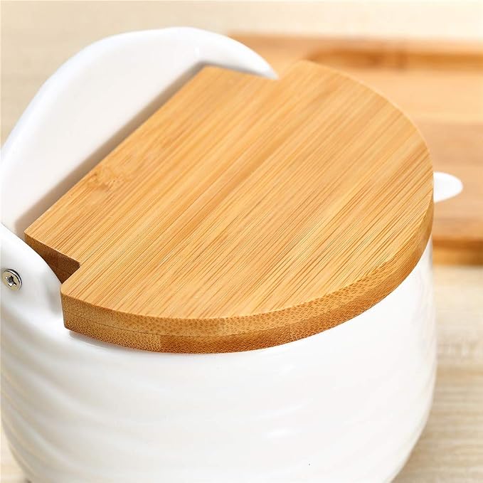 Ceramic Sugar Bowl with Bamboo Lids and Spoons Serving Tray, Porcelain Sugar - Image 4