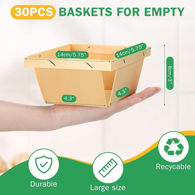 Geosar 30 Pcs One Quart Wooden Berry Baskets Bulk 5.75 Inch Square Vented Wood - Image 2