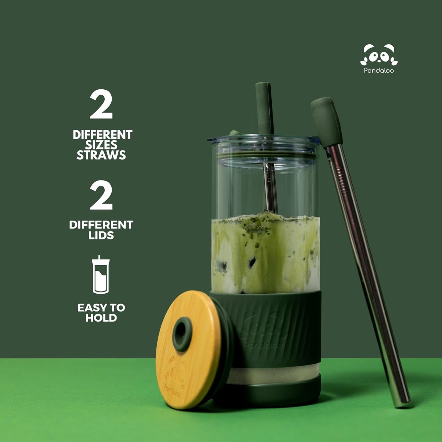 Pandaloo® Glass Cups With Lids and Straws -20 Fl Oz- Perfect Size Iced Coffee Cup - Smoothie Cup With Bamboo Lid and On the go Lid - Glass Tumbler (2 Count (Pack of 1), Boysenberry-Intense Teal)