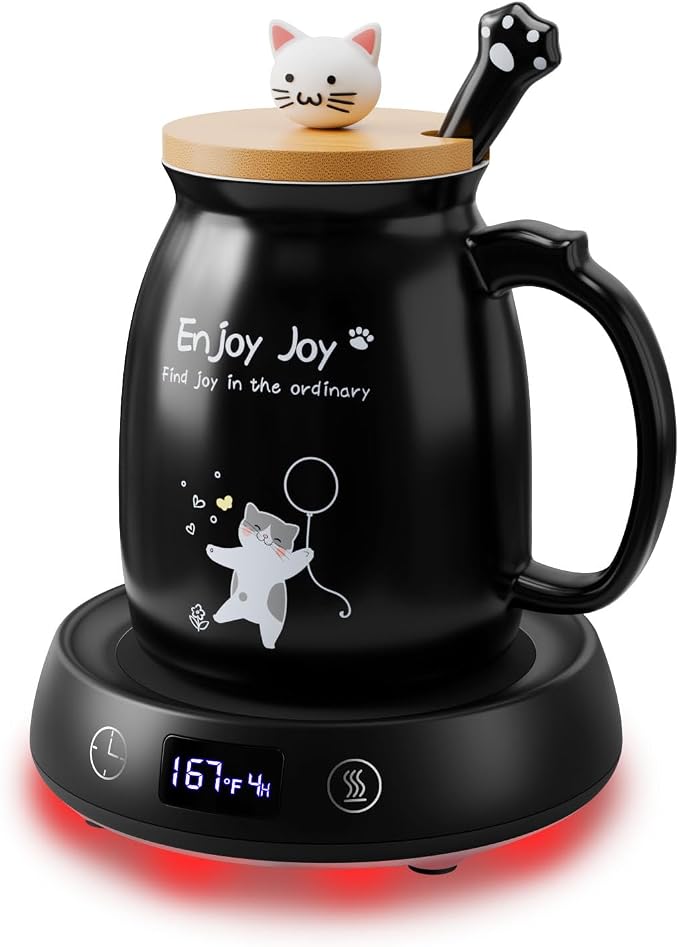Coffee Mug Warmer with Cute Cat Mug Set, 8H Auto Shut Off Electric Cup Warmer by SmartTool%E2%80%A2BetterLife