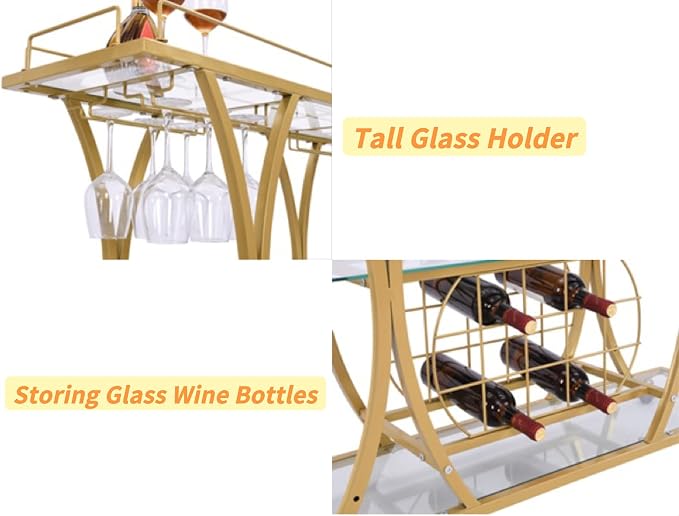 Gold Bar Carts with Glass Holders & Wine Rack, 3 Tier Home Bar Serving Carts - Image 2