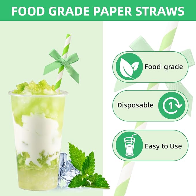20pcs Green Bow Straw, 7.7inch Cake Pops Treat Sticks Biodegradable Cute Paper - Image 4