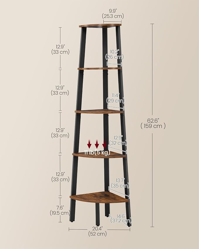 VASAGLE Corner Shelf Stand, 5-Tier Corner Bookshelf, Industrial Ladder Shelf - Image 3