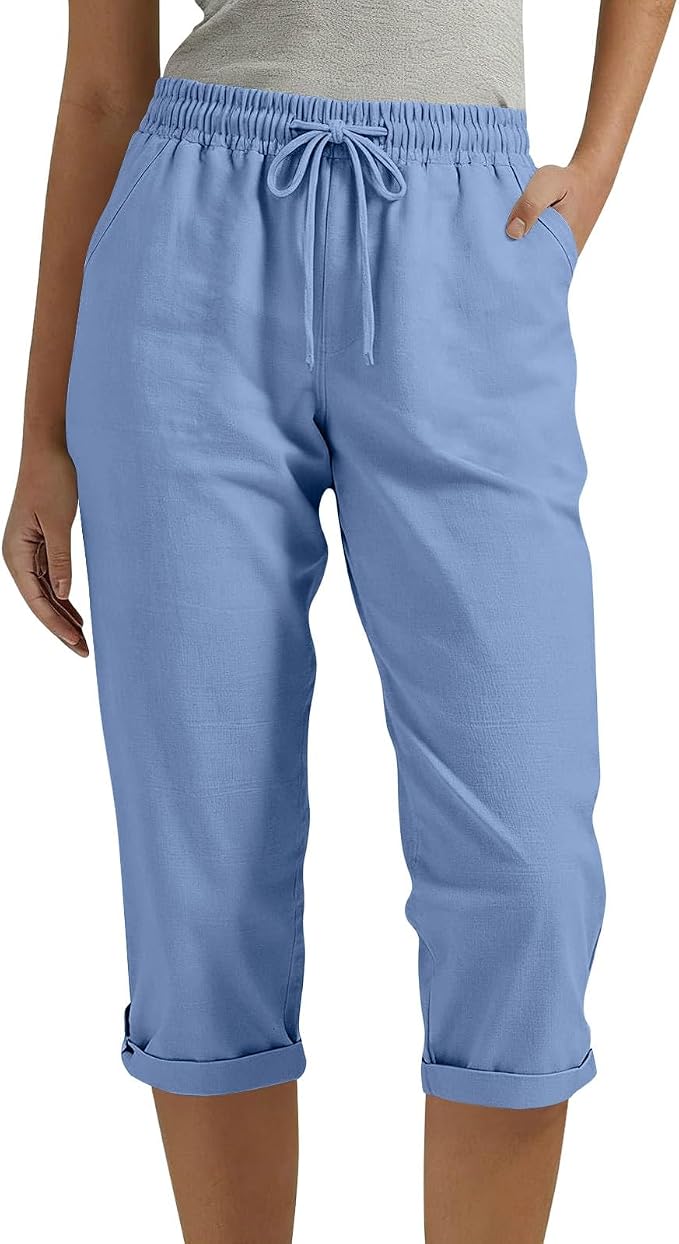 Drawstring Capri Linen Pants Women Elastic Waist Straight Leg Pant Summer Beach - Image 3