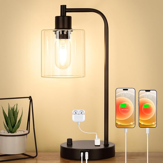 Industrial Table Lamp with USB A+C Ports and Outlet, Fully Stepless Dimmable by Nintiue