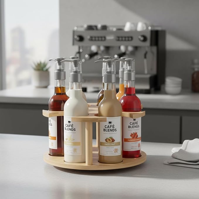 Rotating Coffee Syrup Organizer, 6 Bottles Wood Syrup Holder, Syrups Bottle - Image 5