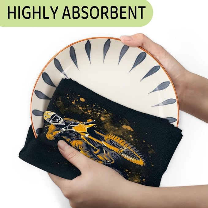 Yellow Motorcycle Kitchen Towels Set of 2 Absorbent Drying Dish Towels - Image 3