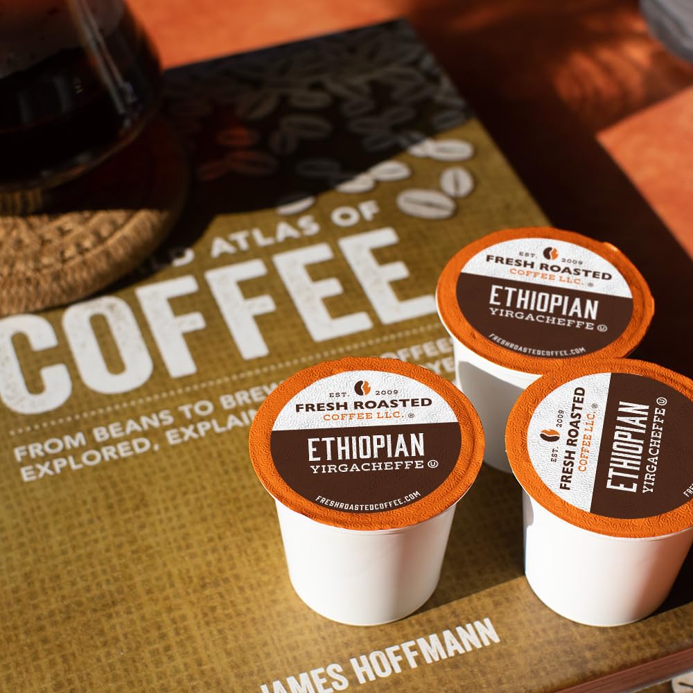 Fresh Roasted Coffee, Ethiopian Yirgacheffe Kochere, Medium Roast, 96 Pods for K Cup Brewers