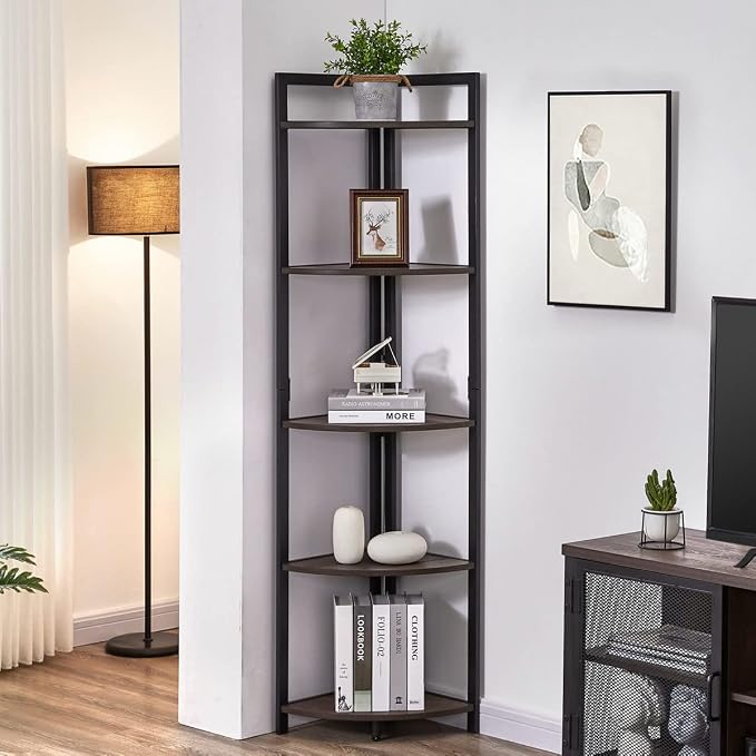 FATORRI Rustic Tall Corner Shelf, 5 Tier Industrial Corner Bookshelf by FATORRI