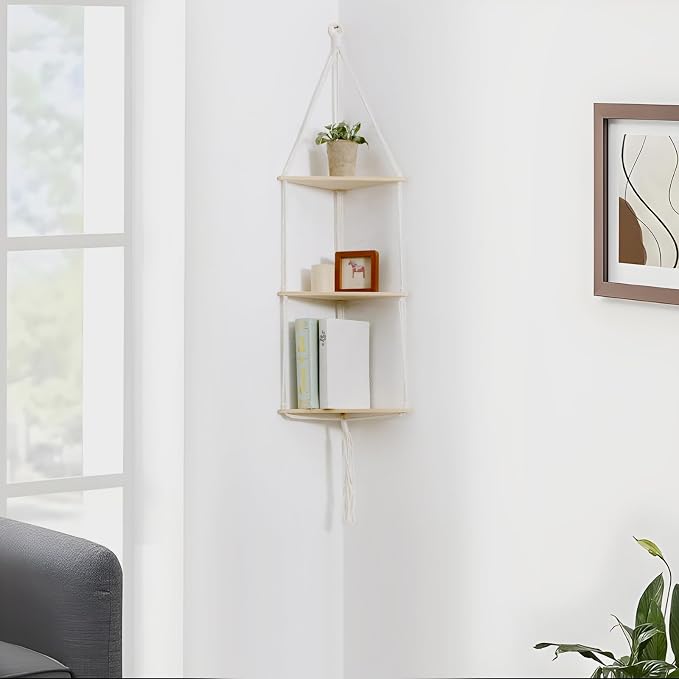 Artilady White Corner Floating Shelves Wall Hanging- Macrame 3 Tier Corner - Image 4