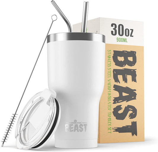 Beast 30 oz Tumbler Stainless Steel Vacuum Insulated Coffee Ice Cup Double Wall Travel Flask (Arctic White)