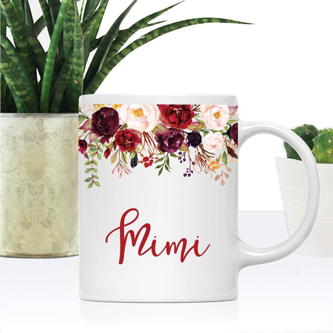 Andaz Press 11oz. Mother's Day Ceramic Coffee Tea Mug Gift, Fall Autumn Marsala Burgundy Flowers Roses Florals, Mimi, 1-Pack, Includes Gift Box, Birthday Christmas Gift Ideas