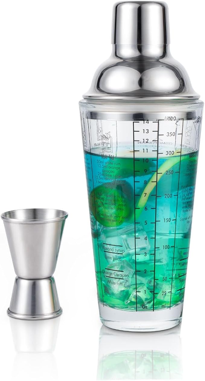 Glass Cocktail Shaker with Strainer, 14oz Martini Shaker with 6 Recipes On Side by Ailelan
