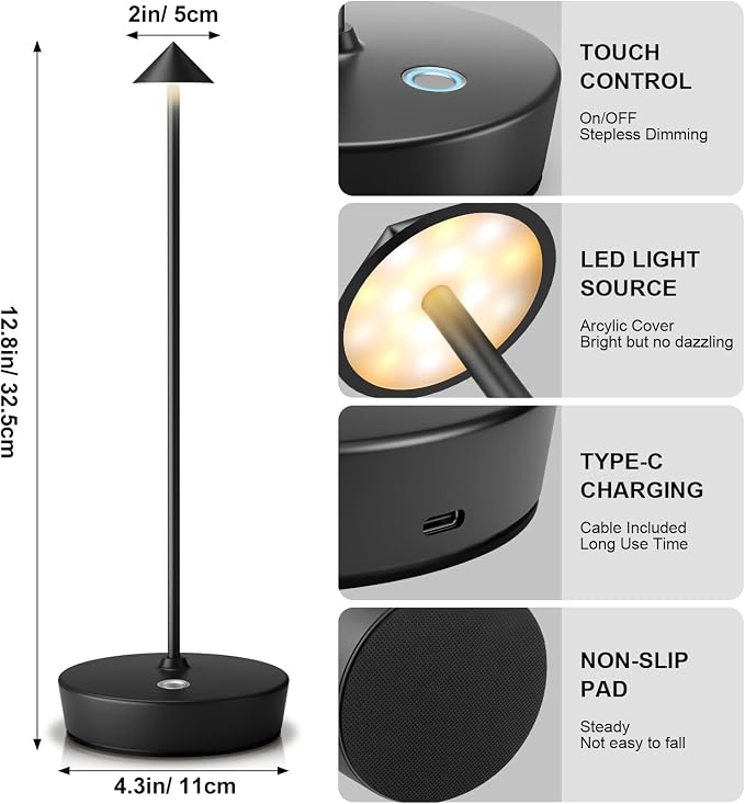 Rechargeable Cordless Table Lamp, Portable Powered LED Battery 6000mAh Metal - Image 6