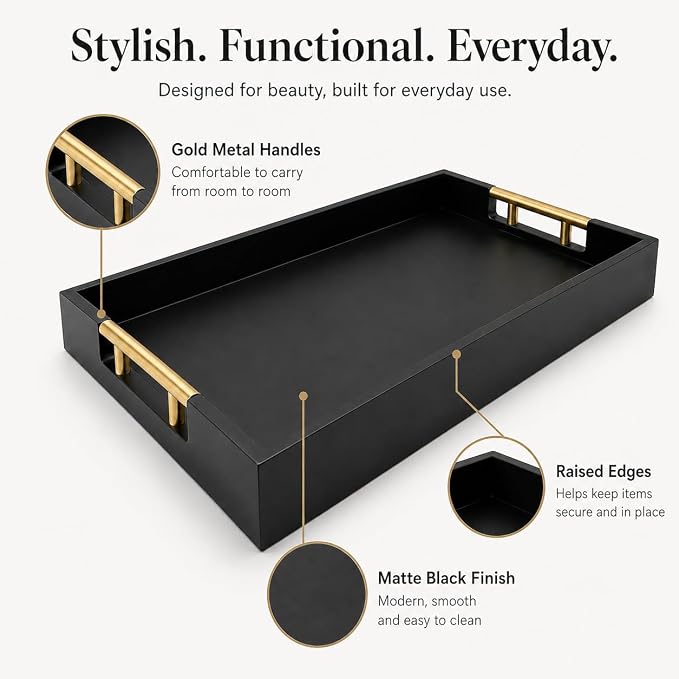 Luxury Black Ottoman Tray with Gold Handles – 12x17 Large Decorative Serving - Image 5