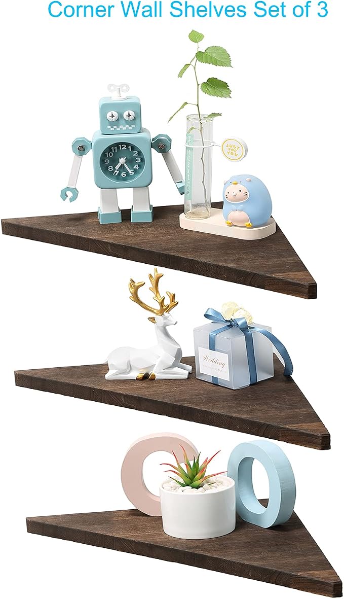 Joiishom Corner Wall Shelf Set of 3, Floating Corner Shelves, Rustic Wood Wall - Image 3