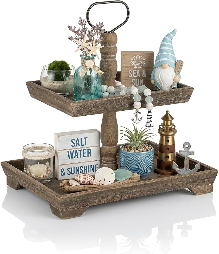 Hanobe Tiered Tray for Table Decor: 2 Tier Coastal Beach Decorative Stand | by Hanobe