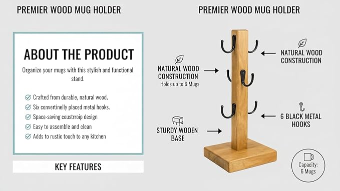 Coffee Mug Tree Stand for Countertop, Wooden Mug Holder - Image 3