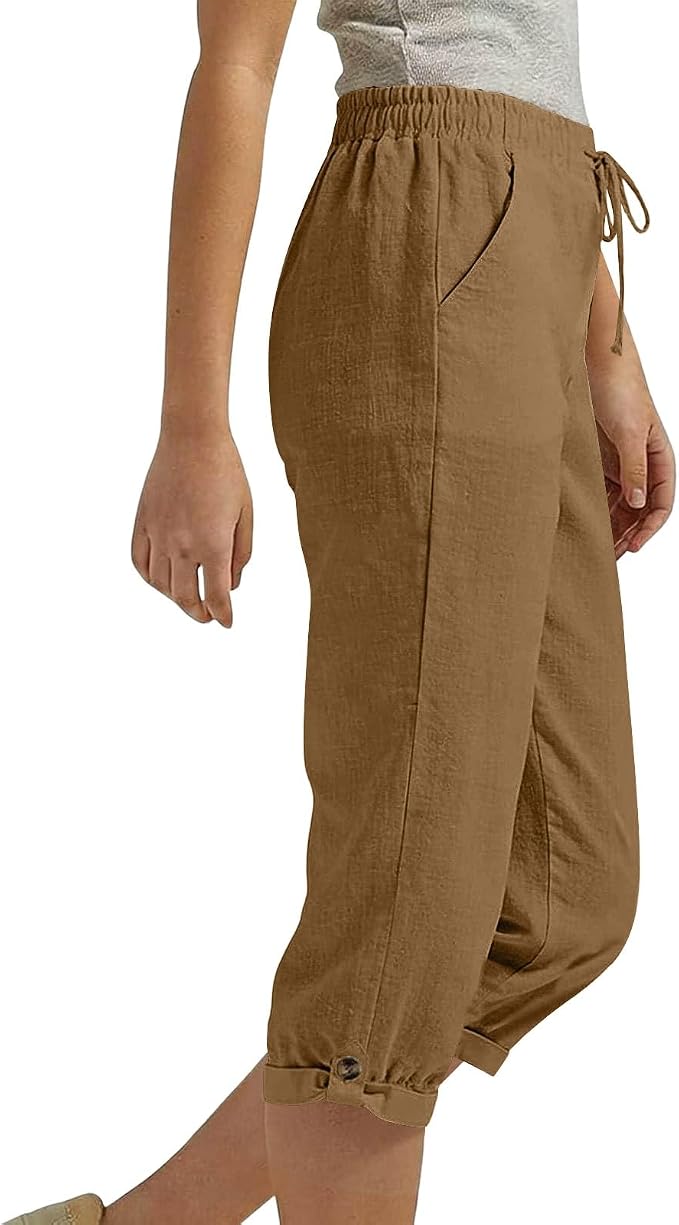 Drawstring Capri Linen Pants Women Elastic Waist Straight Leg Pant Summer Beach - Image 2