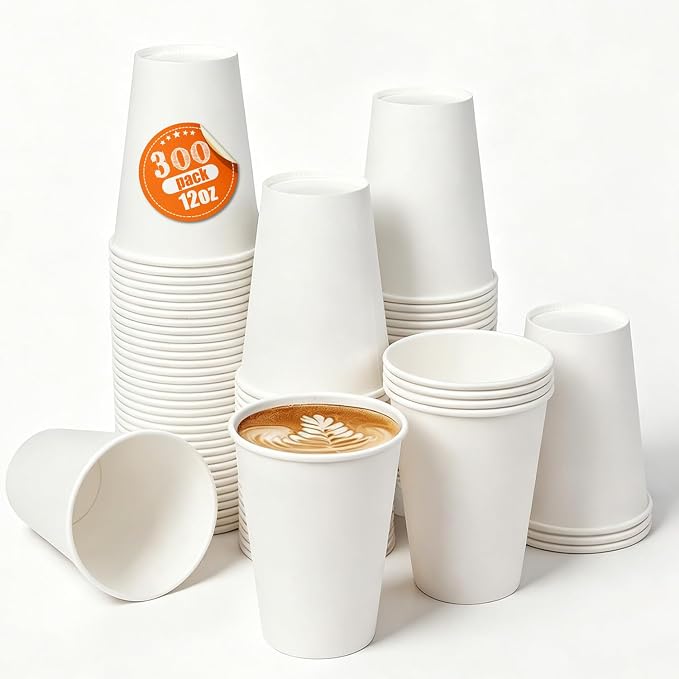 MOUMOULIFE Disposable Paper Coffee Cups 12 oz 300 Count Bulk, Leak-Proof White by moumoulife