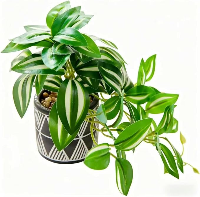 7" Artificial Variegated Pothos Vine in Geometric Ceramic Pot Lifelike Faux by EZBOHO