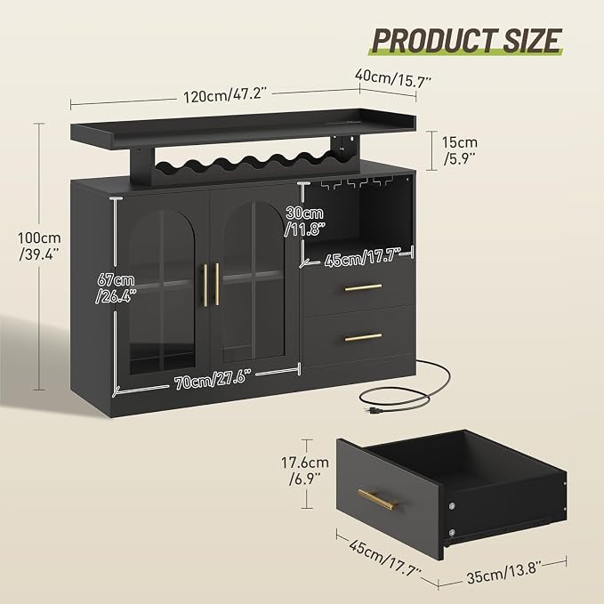 Wine Bar Cabinet with LED Lights & Charging, Modern Liquor Cabinets with 2 - Image 3