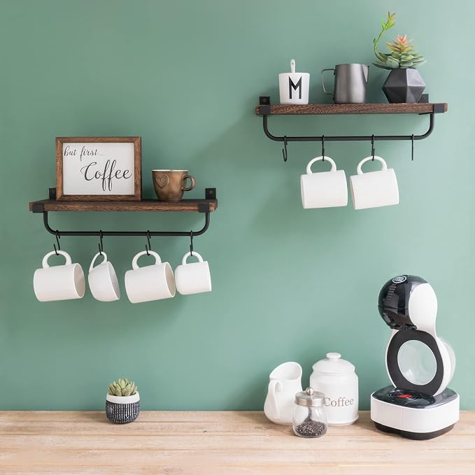 Mkono Mug Holder Wall Mounted Coffee Mug Rack Set of 2 Rustic Floating Shelf - Image 7