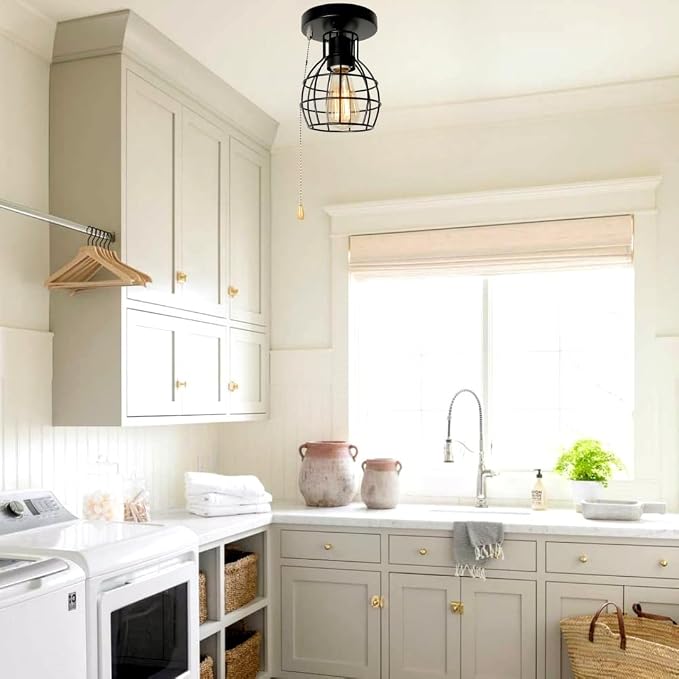 Beuhouz Pull String Semi Flush Mount Ceiling Light, Round Modern Industrial - Image 9
