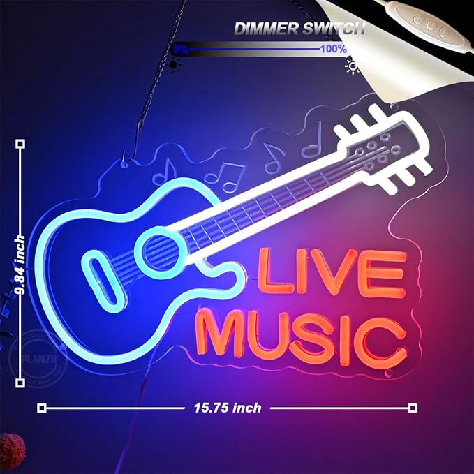 Planzo Guitar Neon Sign Live Music LED Neon Light Wall Decor - Image 6