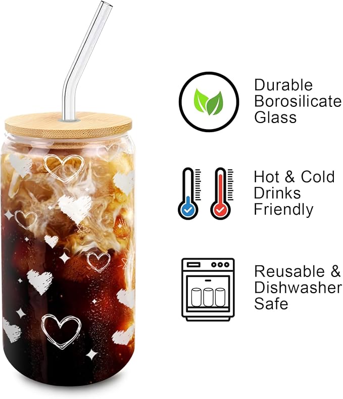 Glass Cup with Lid and Straw, 16 oz Cute Iced Coffee Cup with Heart Design - Image 5