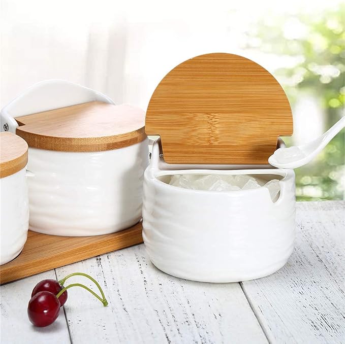 Ceramic Sugar Bowl with Bamboo Lids and Spoons Serving Tray, Porcelain Sugar - Image 7