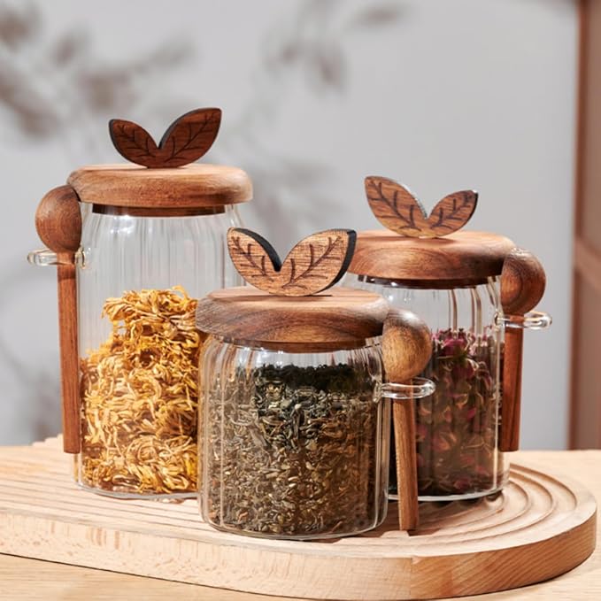 ANSQU Glass Jar with Wooden Lid and Spoon, 20.3oz Glass Food Storage Containers - Image 5