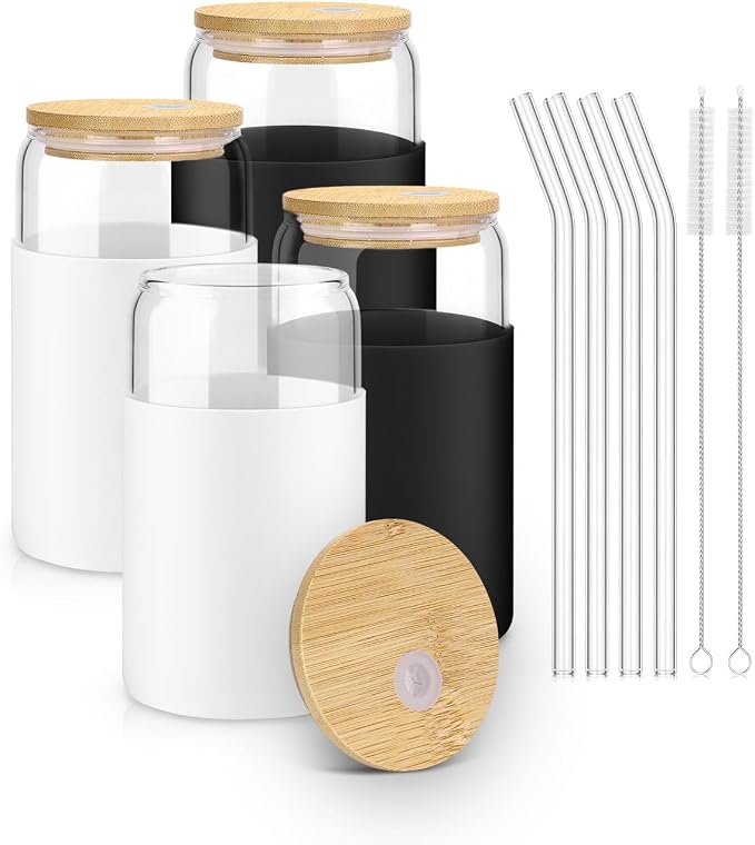 sungwoo Glass Cups with Lids and Straws, 4 Pack 16OZ Iced Coffee Cups with by sungwoo