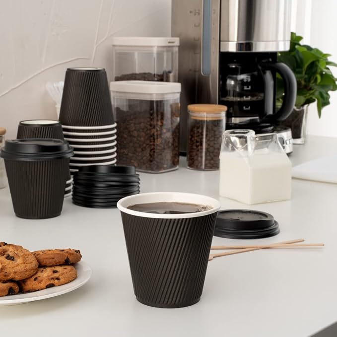 Restaurantware Ripple Wall Coffee Cups 25 Count 8 Ounce Insulated Black Paper - Image 7