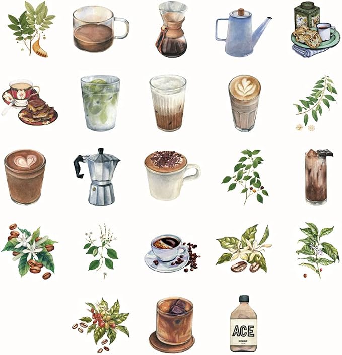 Scrapbooking DIY Sticker Set Coffee Drink Coffee Beans Branch Cup Pot - Image 7