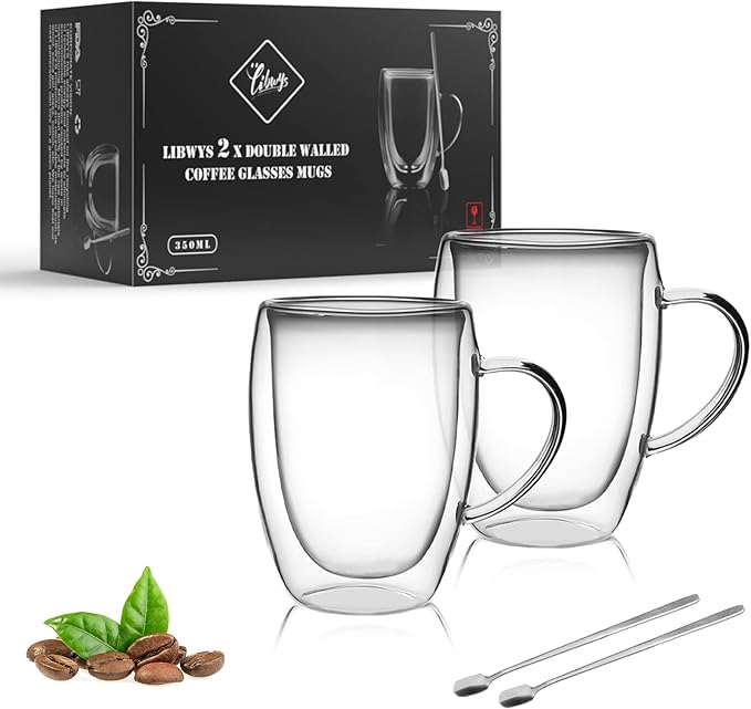 LIBWYS 12oz Double Walled Coffee Cups Glasses Mugs, Espresso Cappuccino Latte by LIBWYS