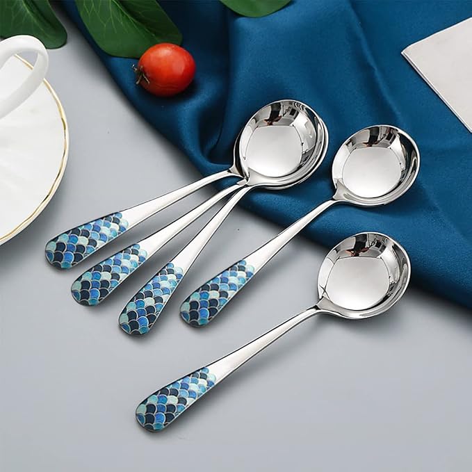 Stainless Steel Coffee Round Spoon, Korean Dessert Spoon, Fish Scale Pattern - Image 6