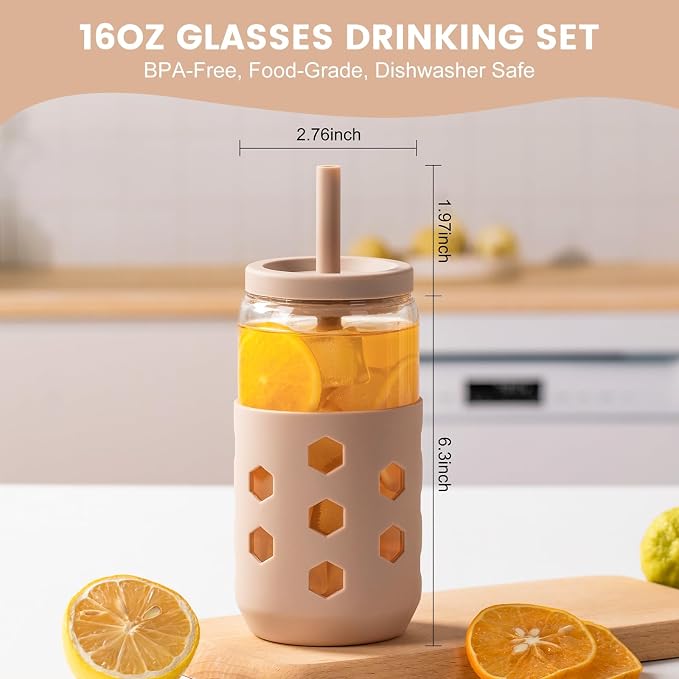 Mrsdry Glass Cups with Lids and Straws, 16oz Drinking Glasses Set with Silicone - Image 5